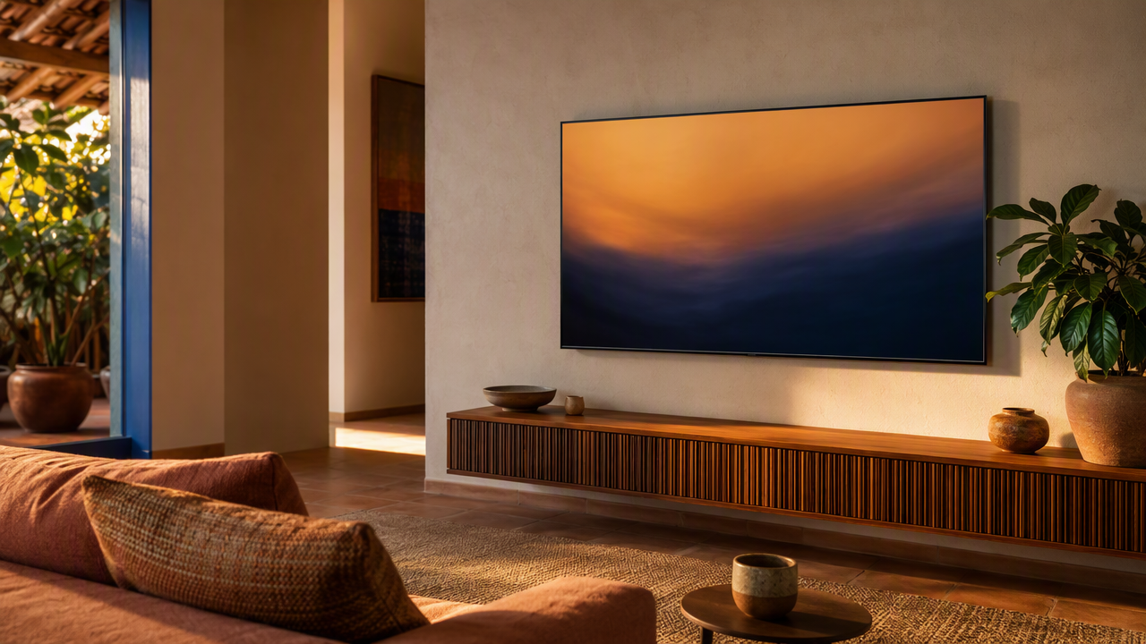 Sala de estar com televisão exibindo brilho abstrato em tons quentes